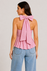 Pink Mini Gingham Twist Front Halter With Oversized Self-Tie Bow Peplum Top