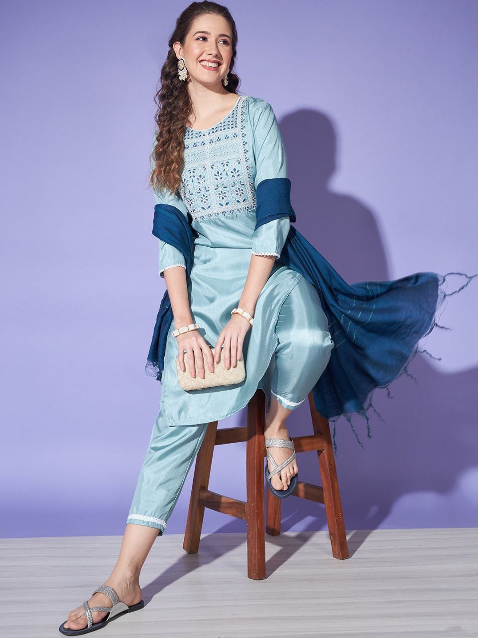 Women's Blue Colour South Silk Kurta Set