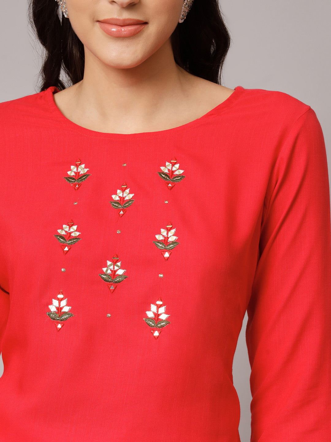 Red Embroidery With Mirror Kurta Set