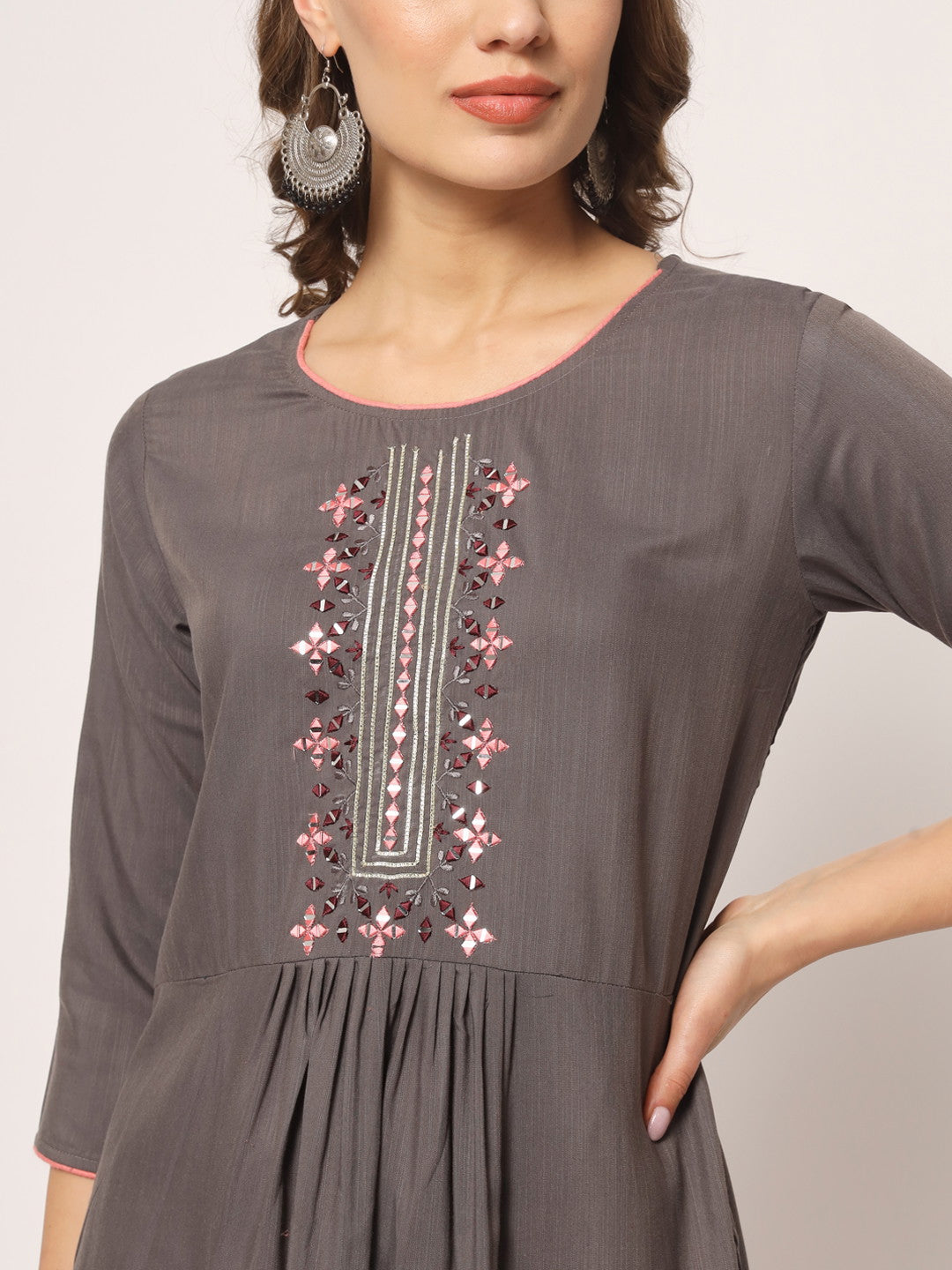 Grey Embroidery With Mirror Kurta Set