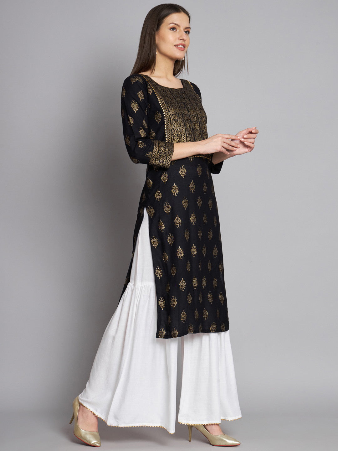 Black Foil Print Kurta Sarara Set