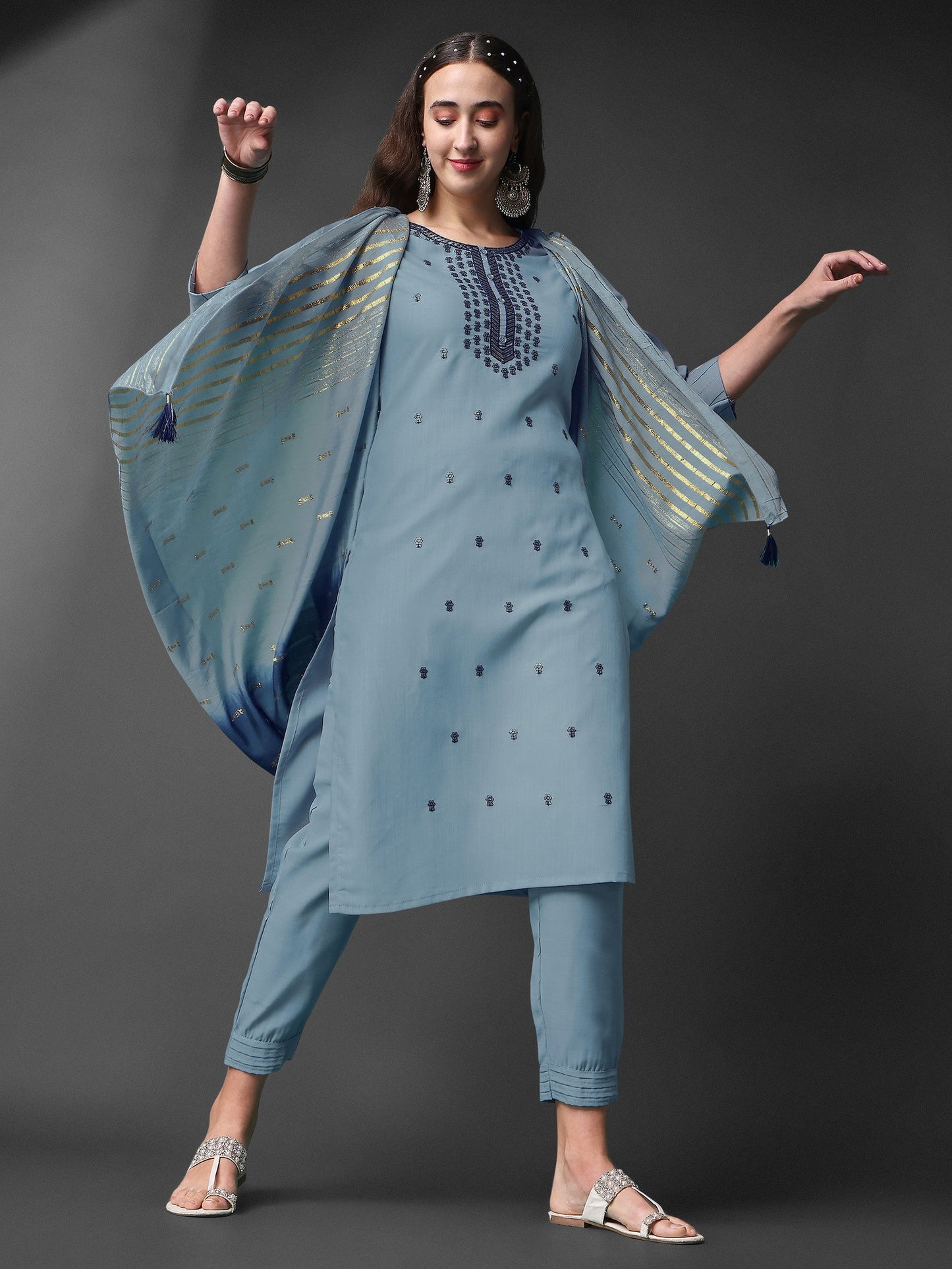 Sky Blue Embroidery Worked Kurta Set