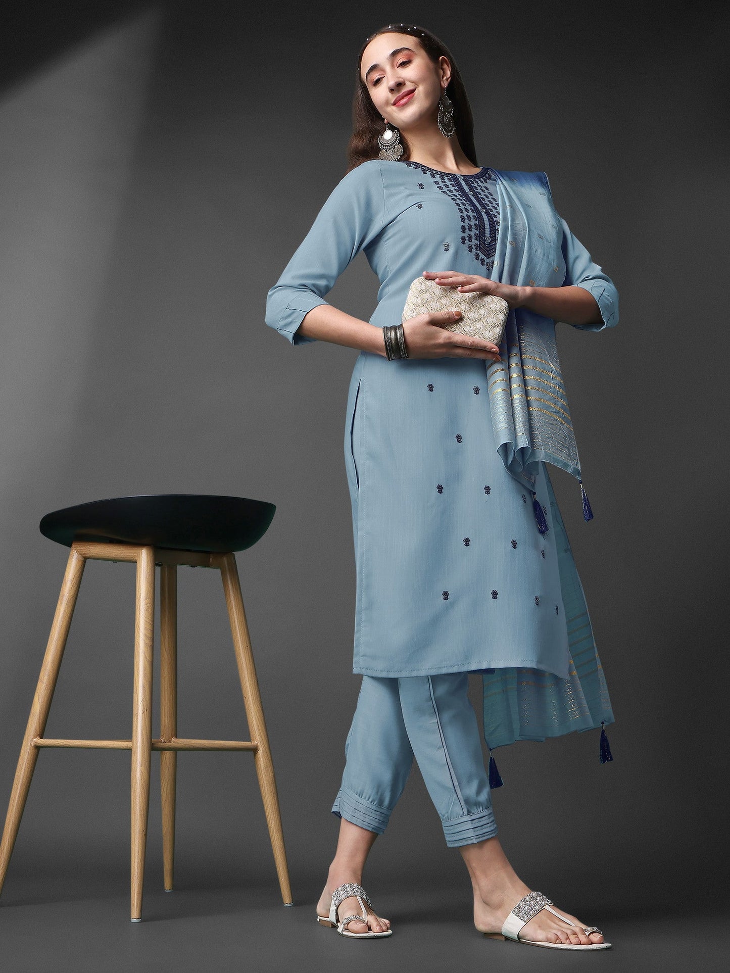 Sky Blue Embroidery Worked Kurta Set