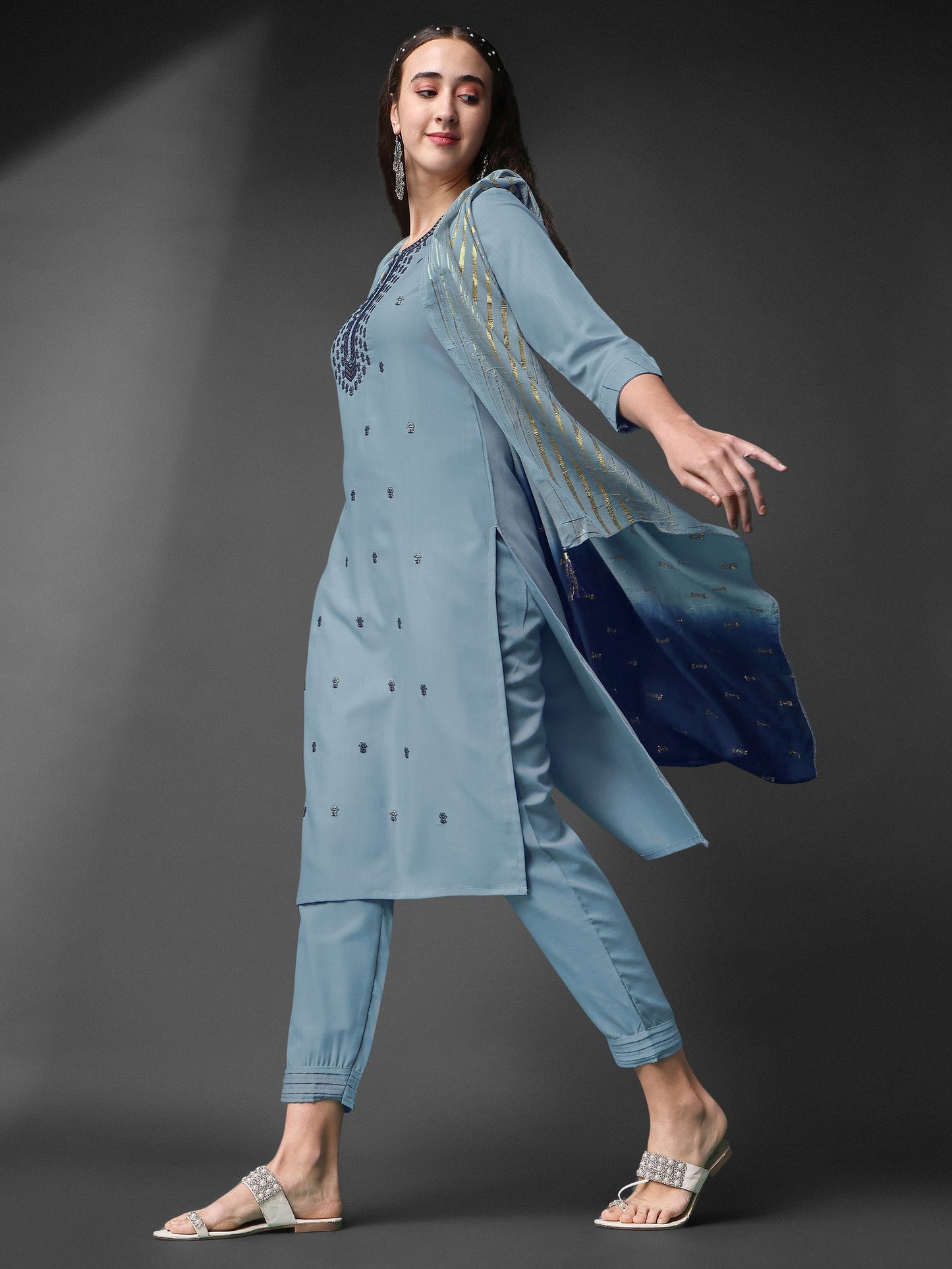 Sky Blue Embroidery Worked Kurta Set