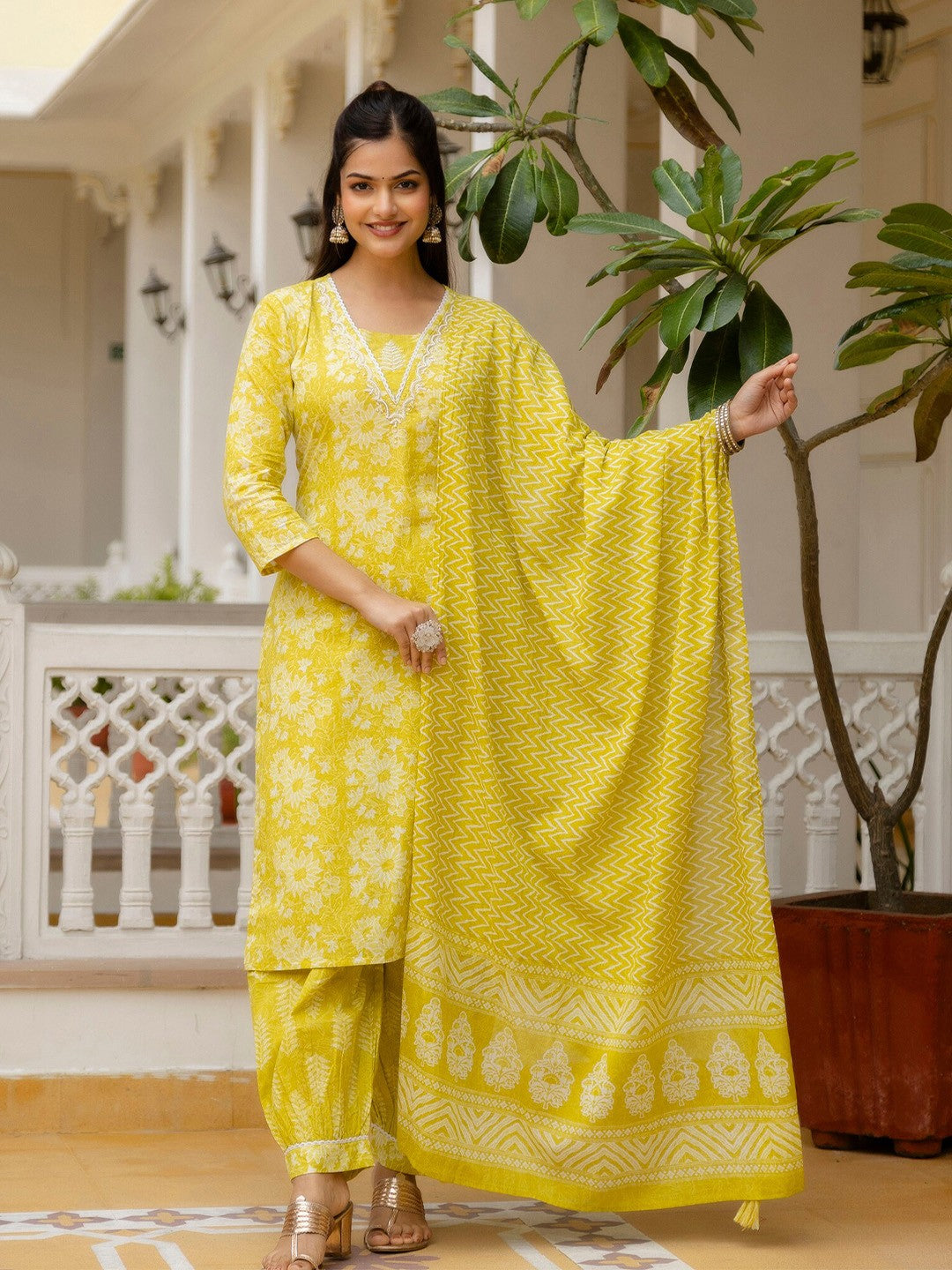 Printed Yellow Rayon Kurta Set