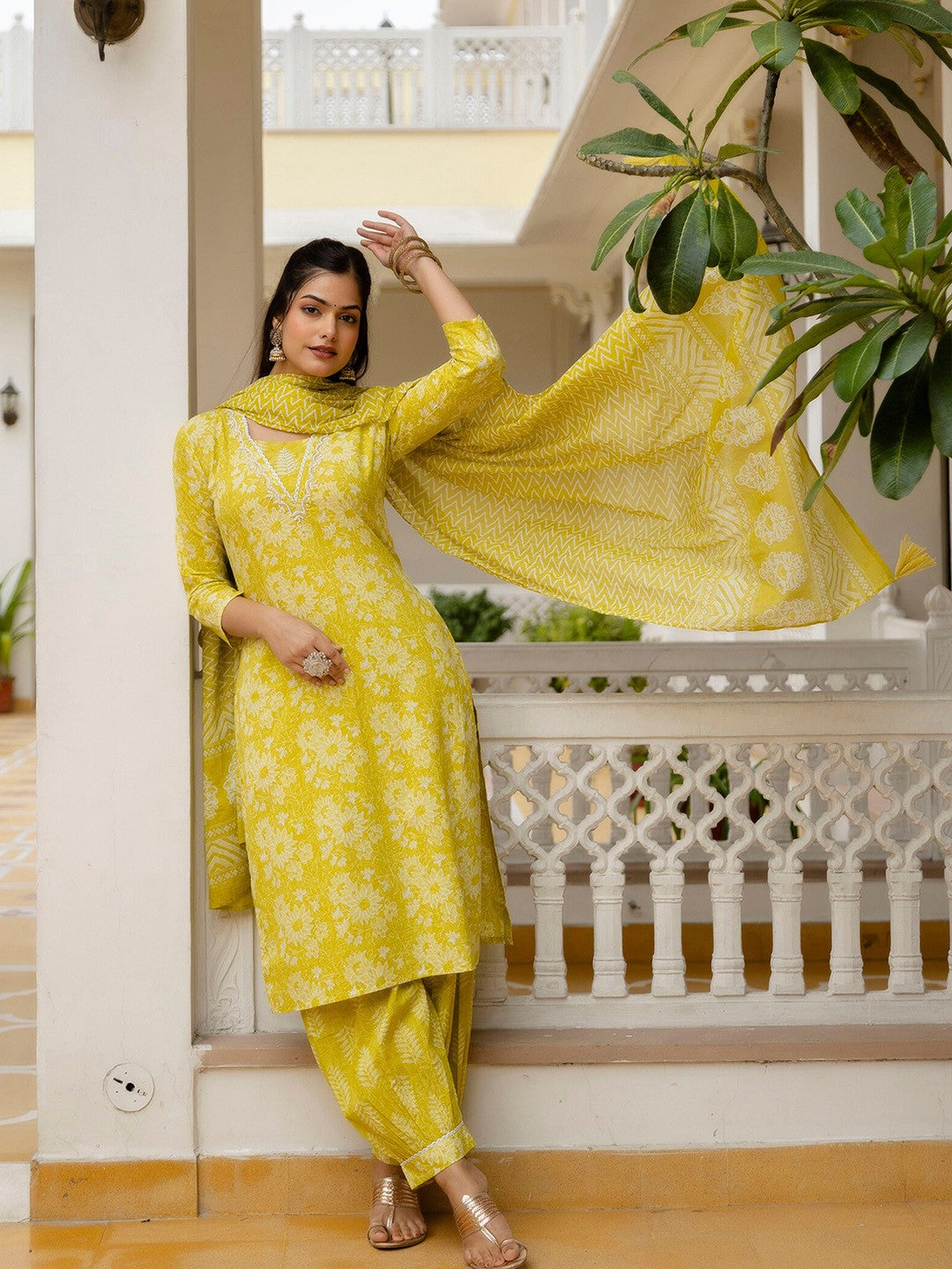 Printed Yellow Rayon Kurta Set