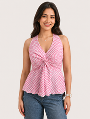 Halter Neck Pink Ghingam Top