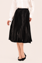 Black Satin Pleated Midi Skirt