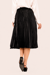 Black Satin Pleated Midi Skirt
