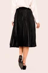 Black Satin Pleated Midi Skirt
