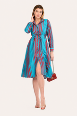 Drawstring Skyline Red Striped Shirt Dress