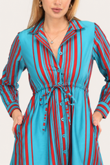 Drawstring Skyline Red Striped Shirt Dress
