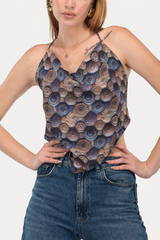 3D Crochet Mosaic Print Cowl-Neck Handkerchief Backless Top