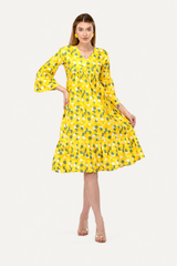 Sunflower Bloom Alia-Cut Flared Dress in Green Polka Dot Print