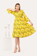 Sunflower Bloom Alia-Cut Flared Dress in Green Polka Dot Print