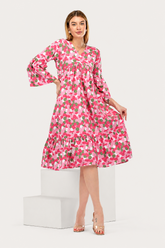 Pink Blossom Alia-Cut Flared Dress in Clustered Polka Dot Print
