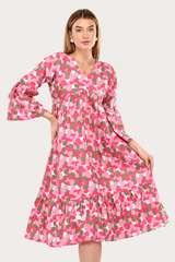 Pink Blossom Alia-Cut Flared Dress in Clustered Polka Dot Print