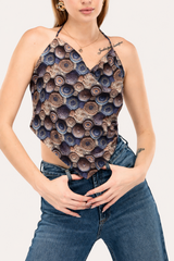3D Crochet Mosaic Print Cowl-Neck Handkerchief Backless Top