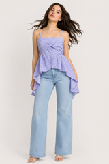 Lilac Gingham Straight Neckline with Twist-Front Detail Peplum Top.