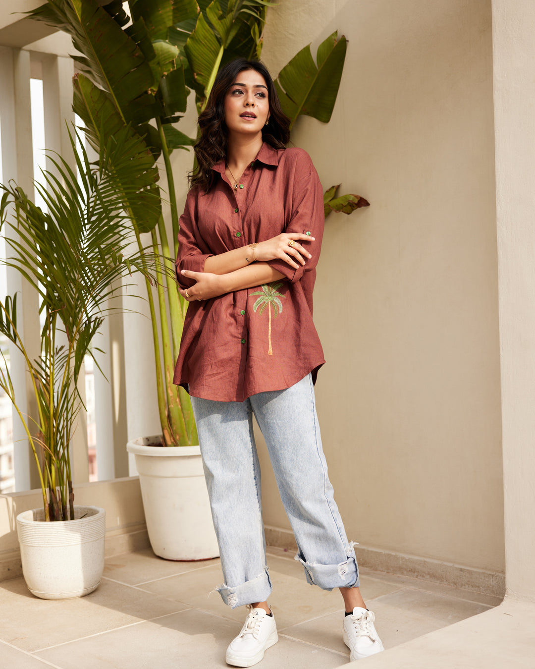 Brown Embroidered Pure Linen Shirt