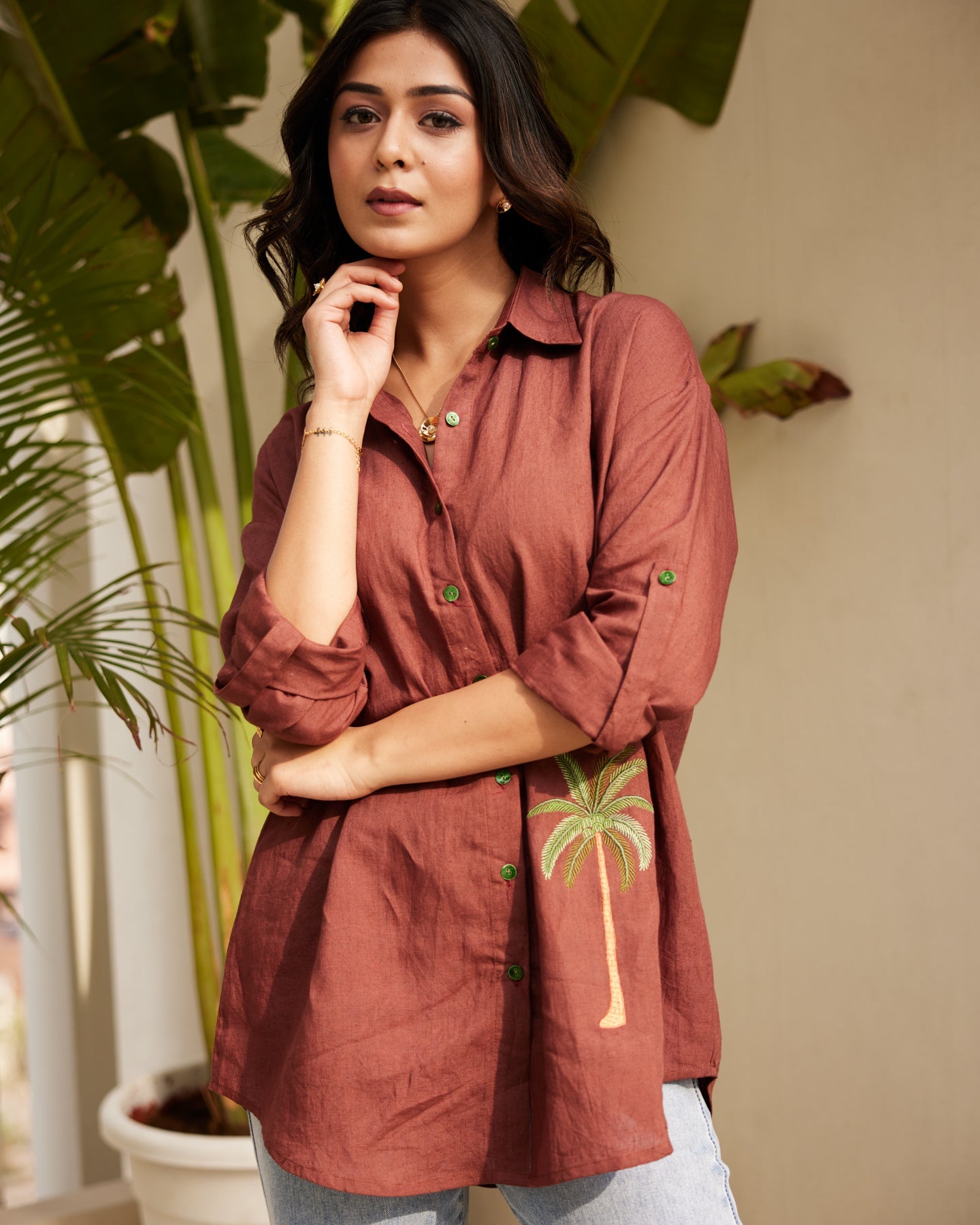 Brown Embroidered Pure Linen Shirt