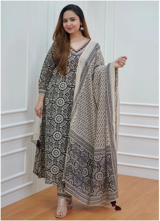 Cream & Black Fancy wear Kurti Set