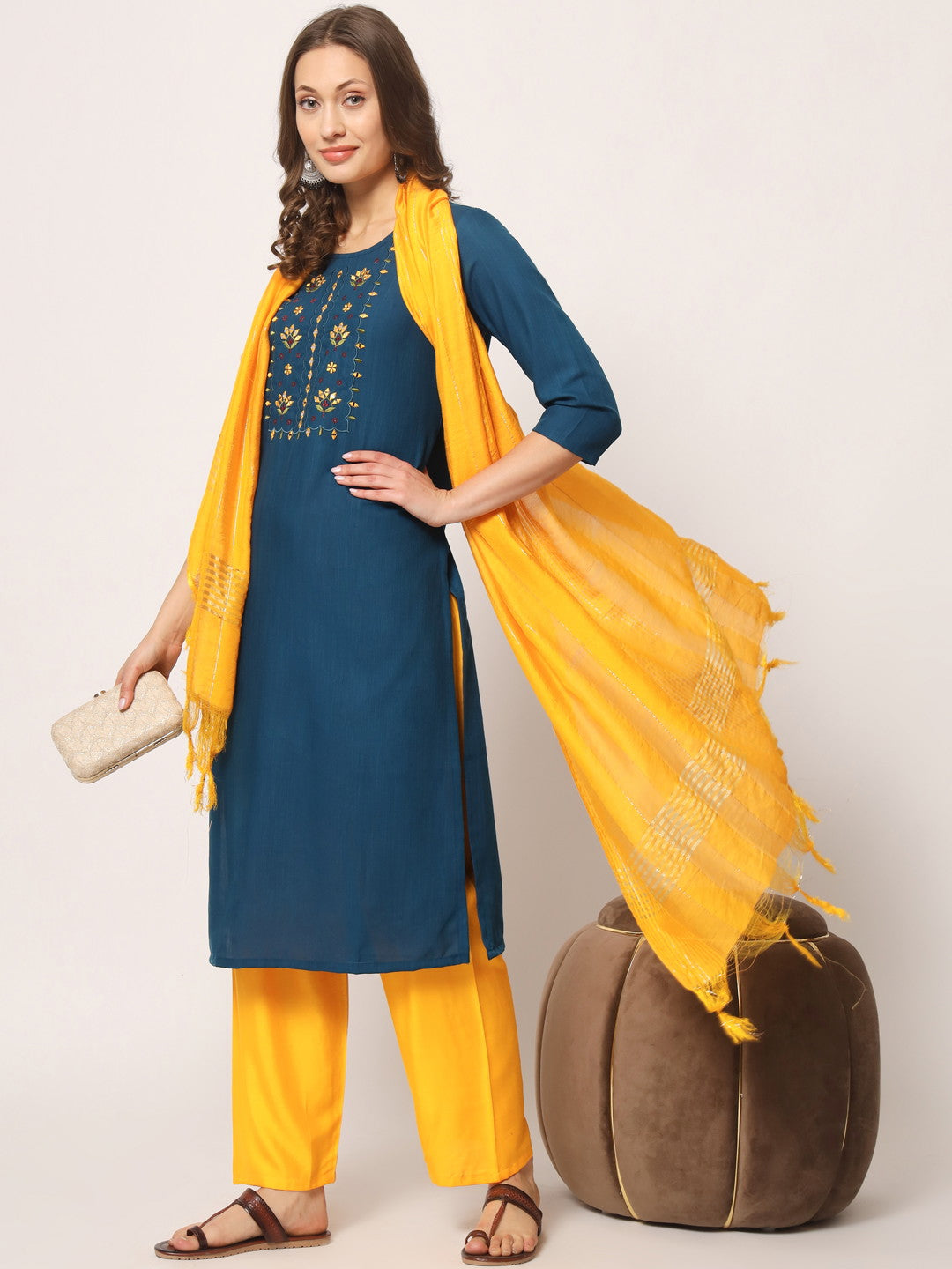 Blue Embroidery With Mirror Kurta Set