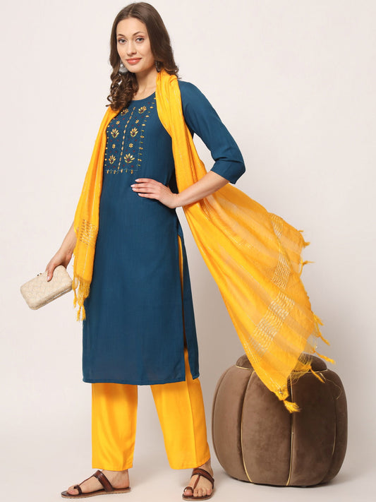 Blue Embroidery With Mirror Kurta Set