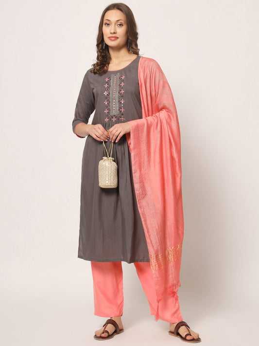 Grey Embroidery With Mirror Kurta Set