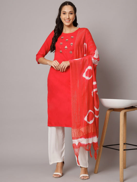 Red Embroidery With Mirror Kurta Set