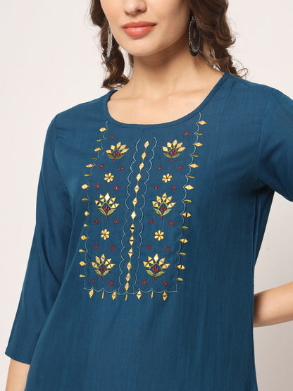Blue Embroidery With Mirror Kurta Set