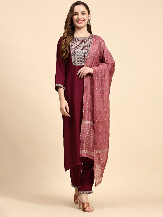 Maroon Colour Embroidery Kurta Set