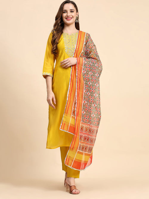 Yellow Colour Embroidery Work Kurta  Set