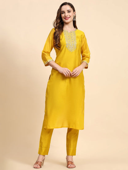 Yellow Colour Embroidery Work Kurta  Set