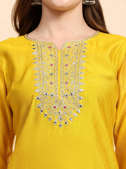 Yellow Colour Embroidery Work Kurta  Set