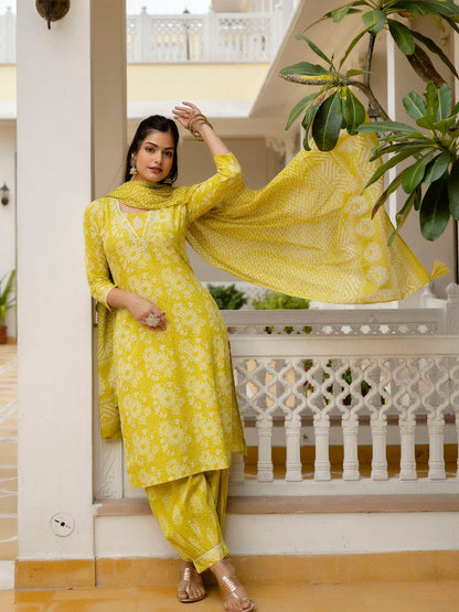 Printed Yellow Rayon Kurta Set