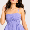 Lilac Gingham Straight Neckline with Twist-Front Detail Peplum Top.