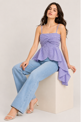 Lilac Gingham Straight Neckline with Twist-Front Detail Peplum Top.