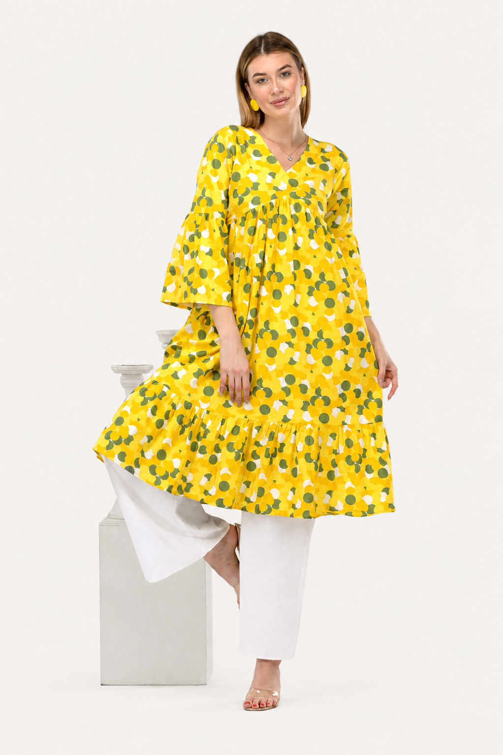 Sunflower Bloom Alia-Cut Flared Dress in Clustered Polka Dot Print Co-Ord Set