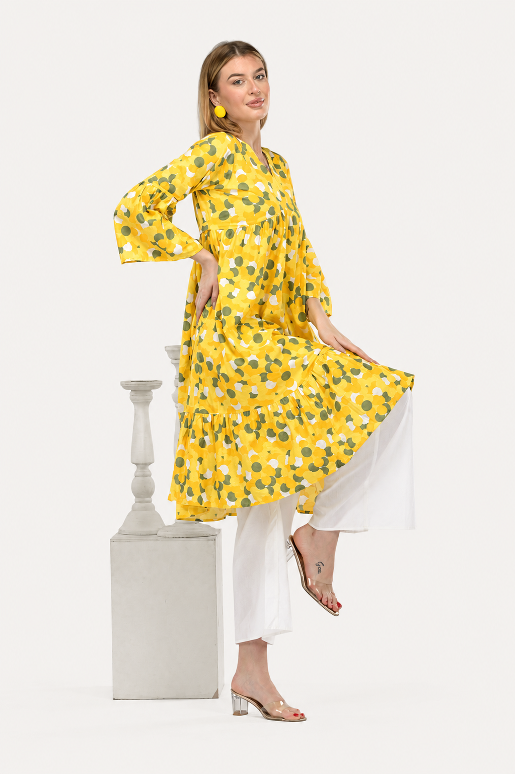 Sunflower Bloom Alia-Cut Flared Dress in Clustered Polka Dot Print Co-Ord Set