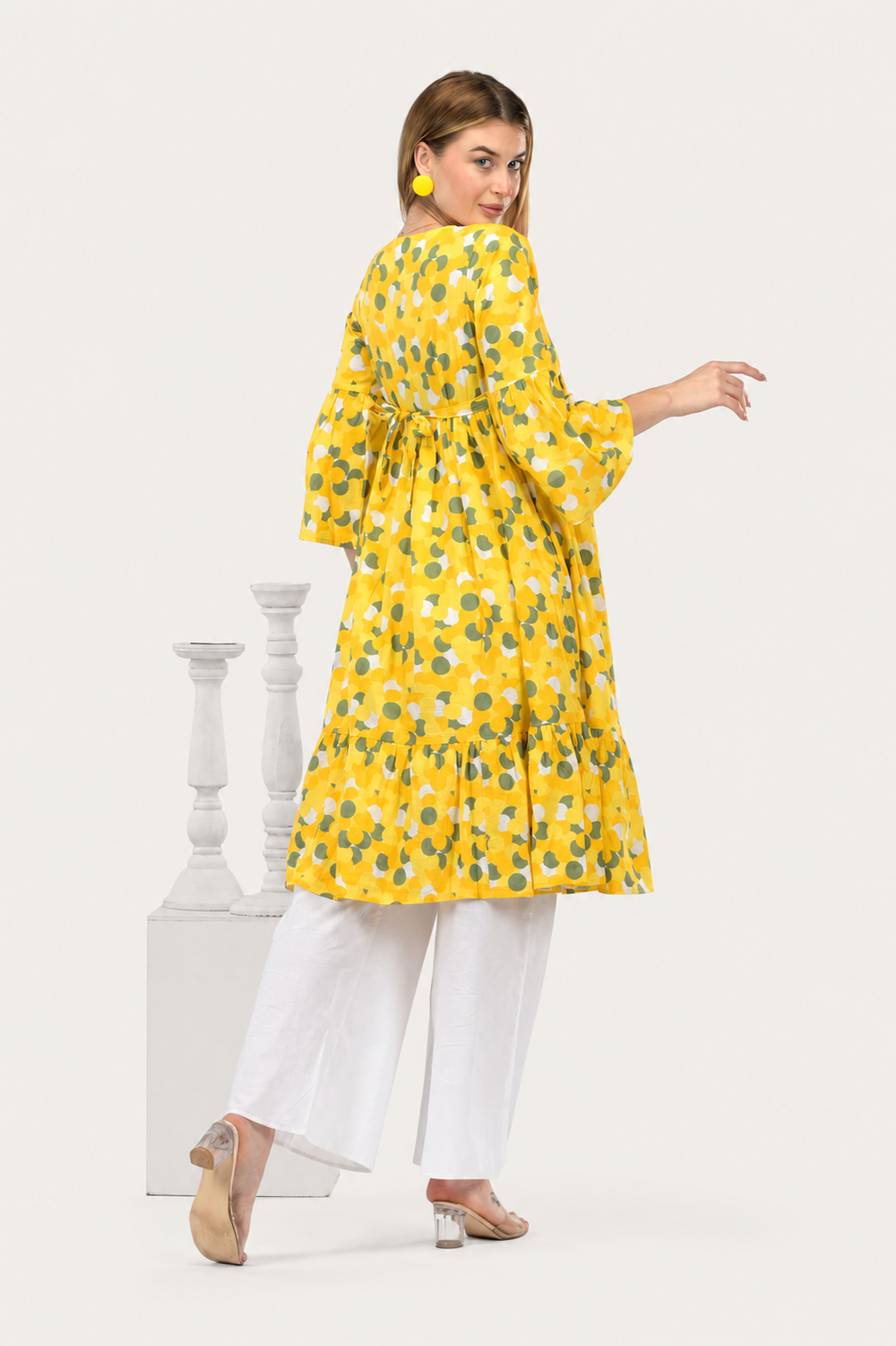Sunflower Bloom Alia-Cut Flared Dress in Clustered Polka Dot Print Co-Ord Set