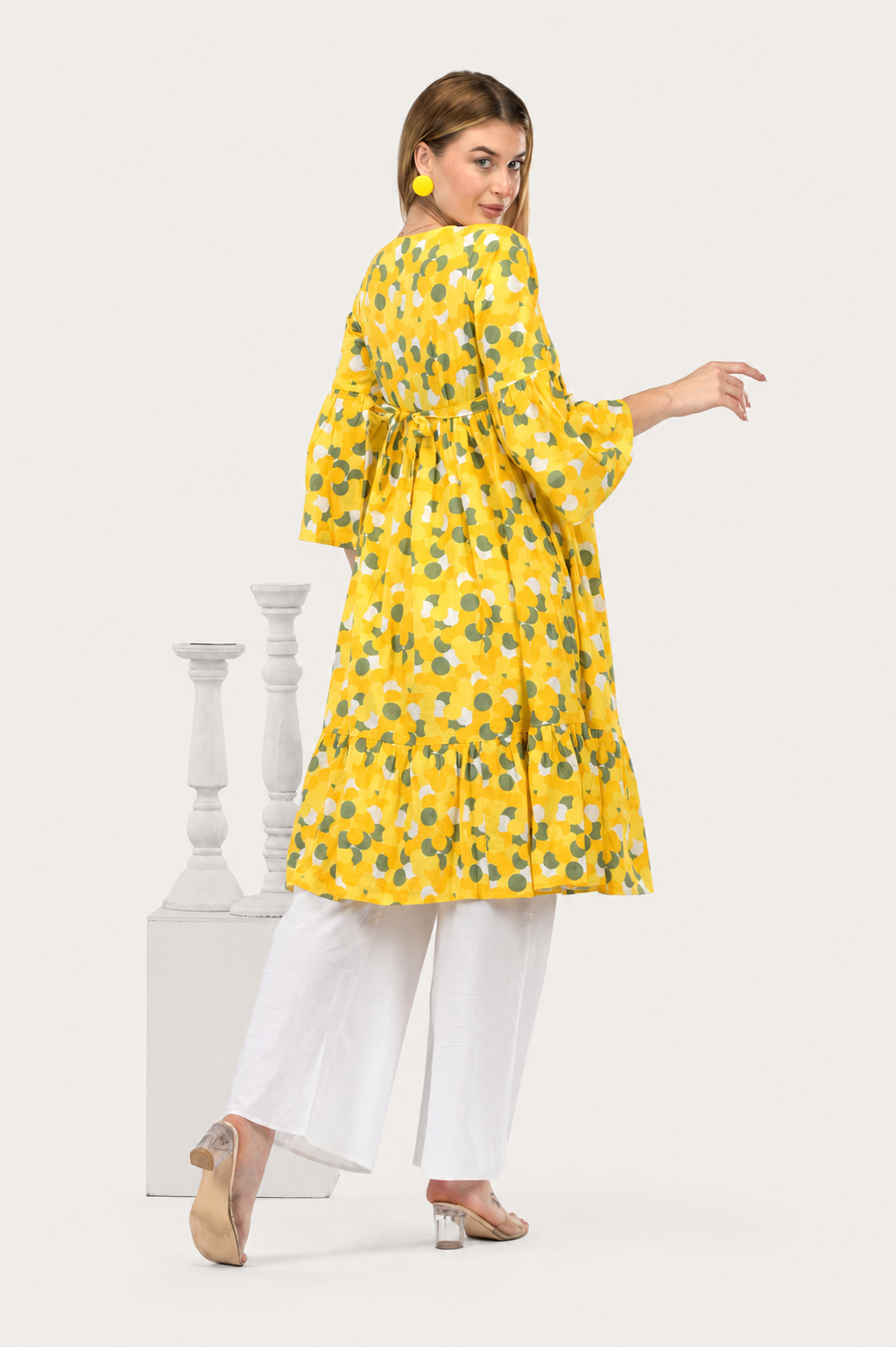 Sunflower Bloom Alia-Cut Flared Dress in Clustered Polka Dot Print Co-Ord Set