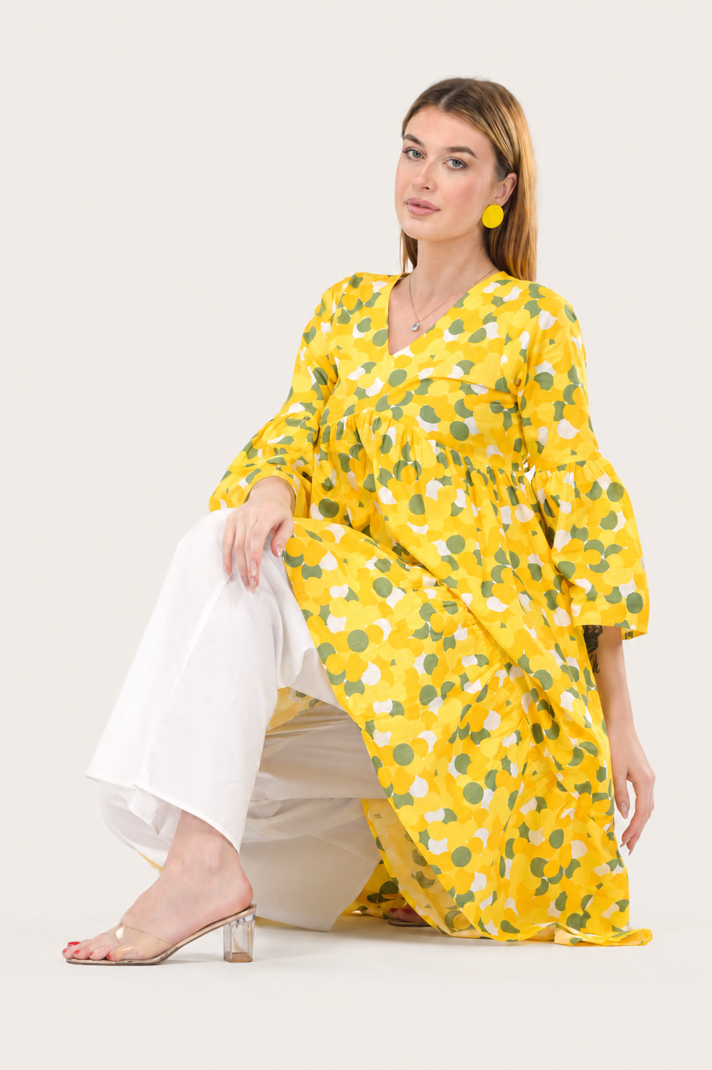 Sunflower Bloom Alia-Cut Flared Dress in Clustered Polka Dot Print Co-Ord Set