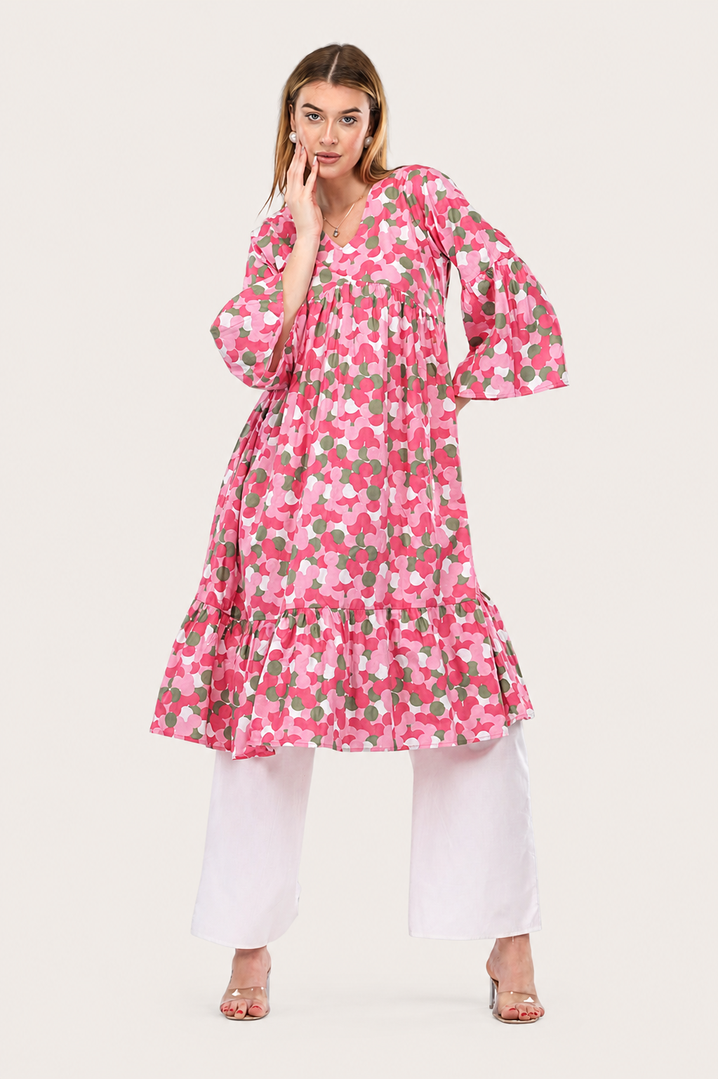 Pink Blossom Alia-Cut Flared Dress in Clustered Polka Dot Print