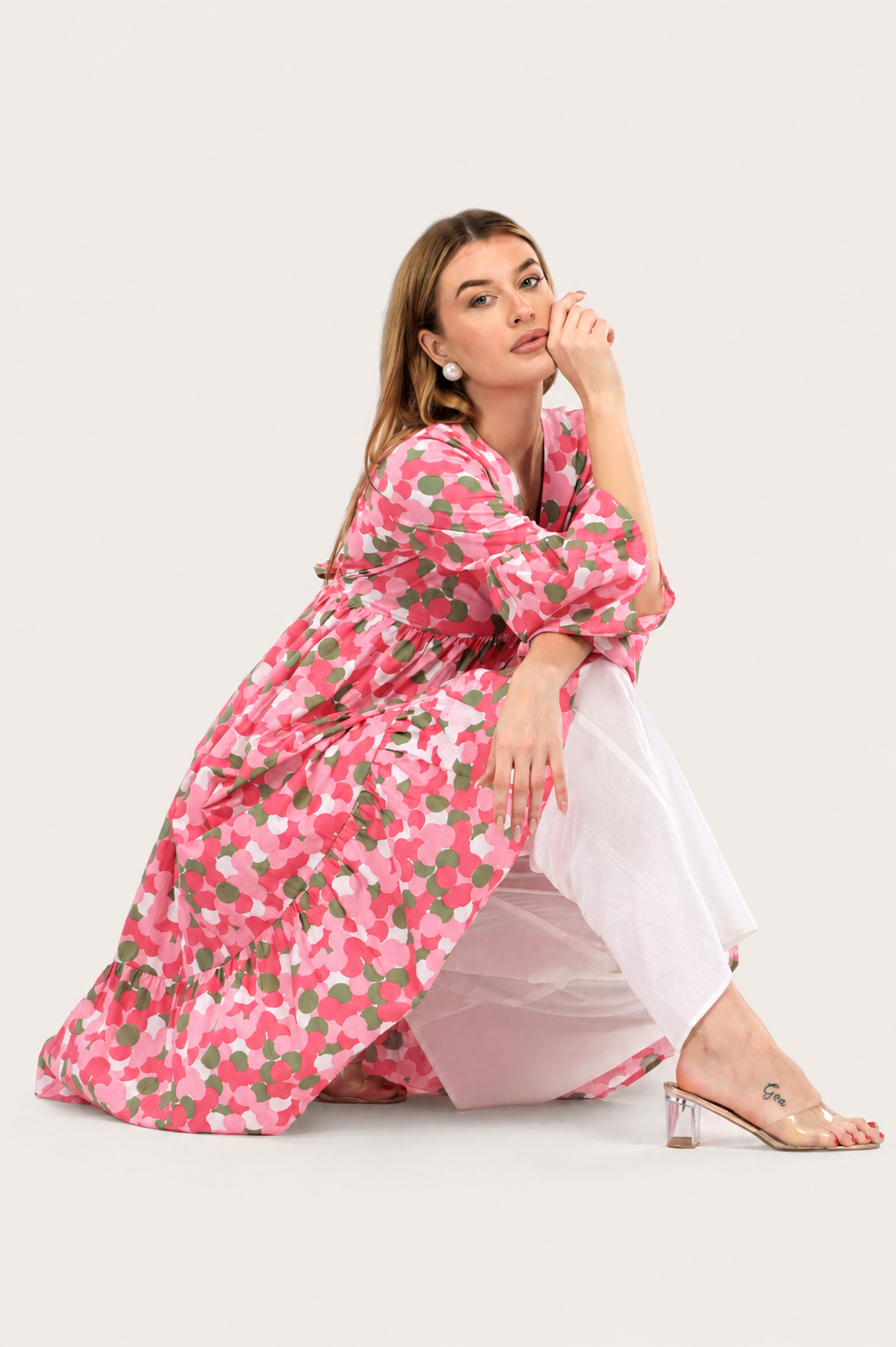 Pink Blossom Alia-Cut Flared Dress in Clustered Polka Dot Print