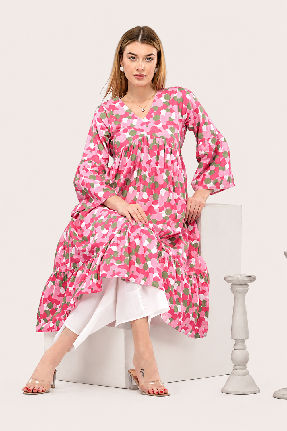 Pink Blossom Alia-Cut Flared Dress in Clustered Polka Dot Print