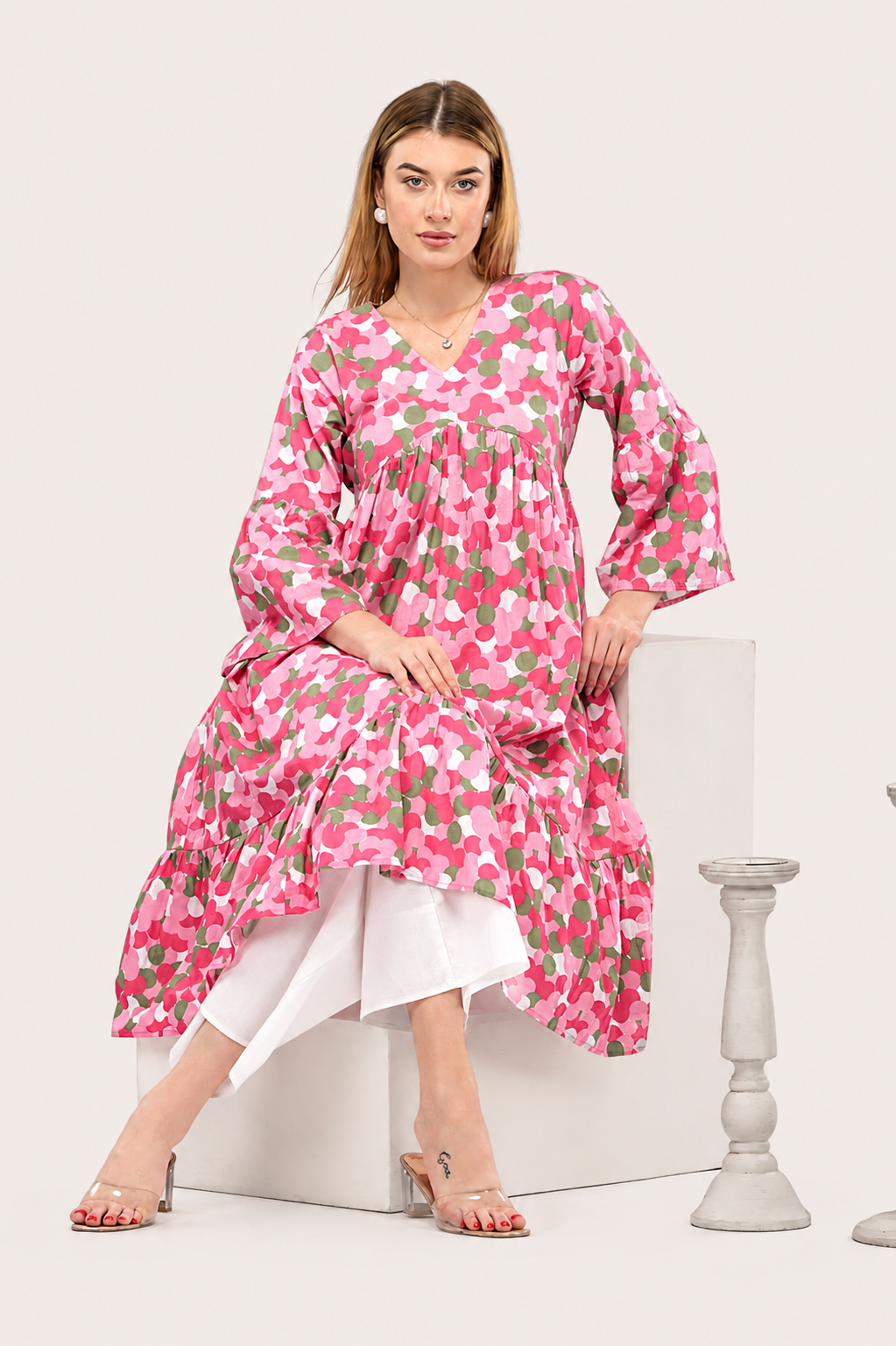 Pink Blossom Alia-Cut Flared Dress in Clustered Polka Dot Print