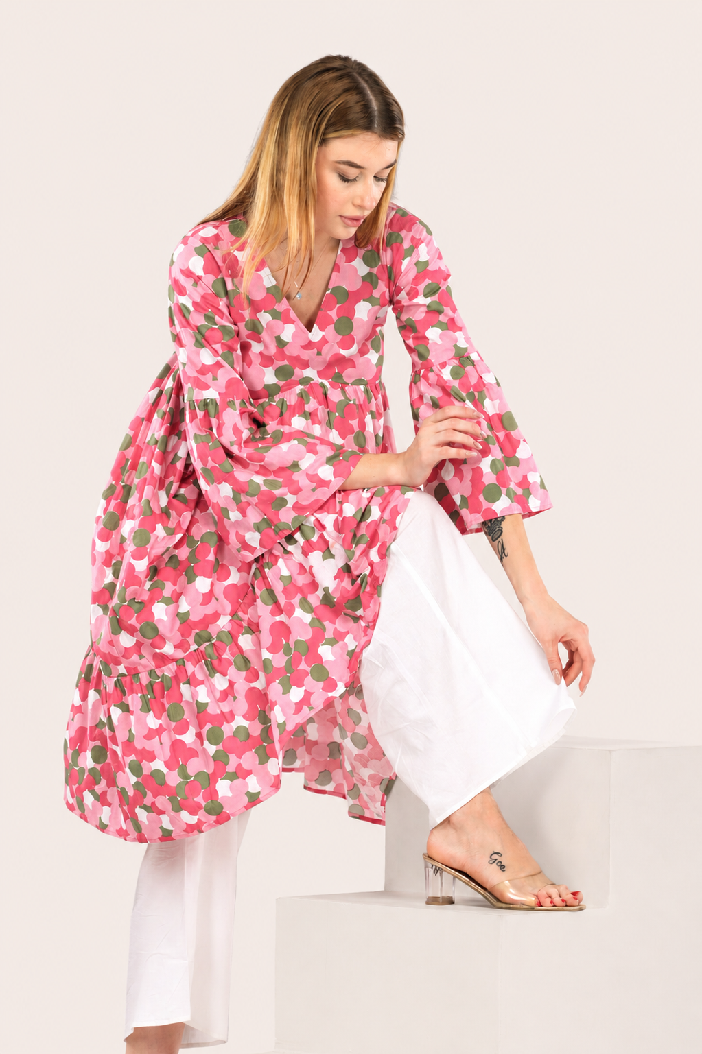 Pink Blossom Alia-Cut Flared Dress in Clustered Polka Dot Print
