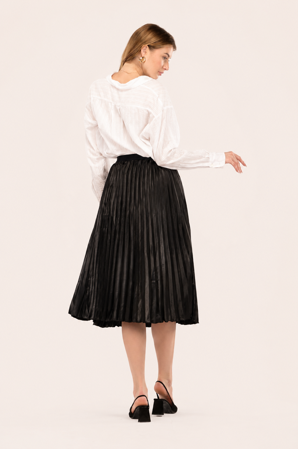 Black Satin Pleated Midi Skirt