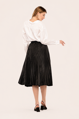 Black Satin Pleated Midi Skirt